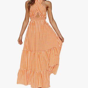 Crossover Halter Neck Sleeveless Plaid Cut Out Backless  Maxi Dress